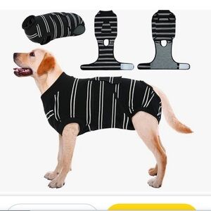 Striped Black Dog surgery recovery suit for a male and female anti-licking